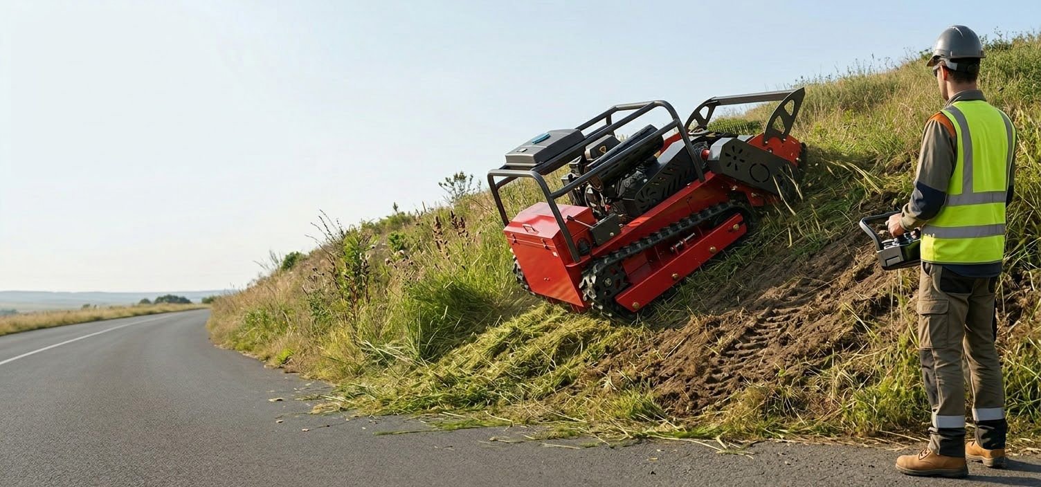 Flagship remote-controlled tracked flail mower operating on a roadside embankment while the operator stands safely on the road shoulder