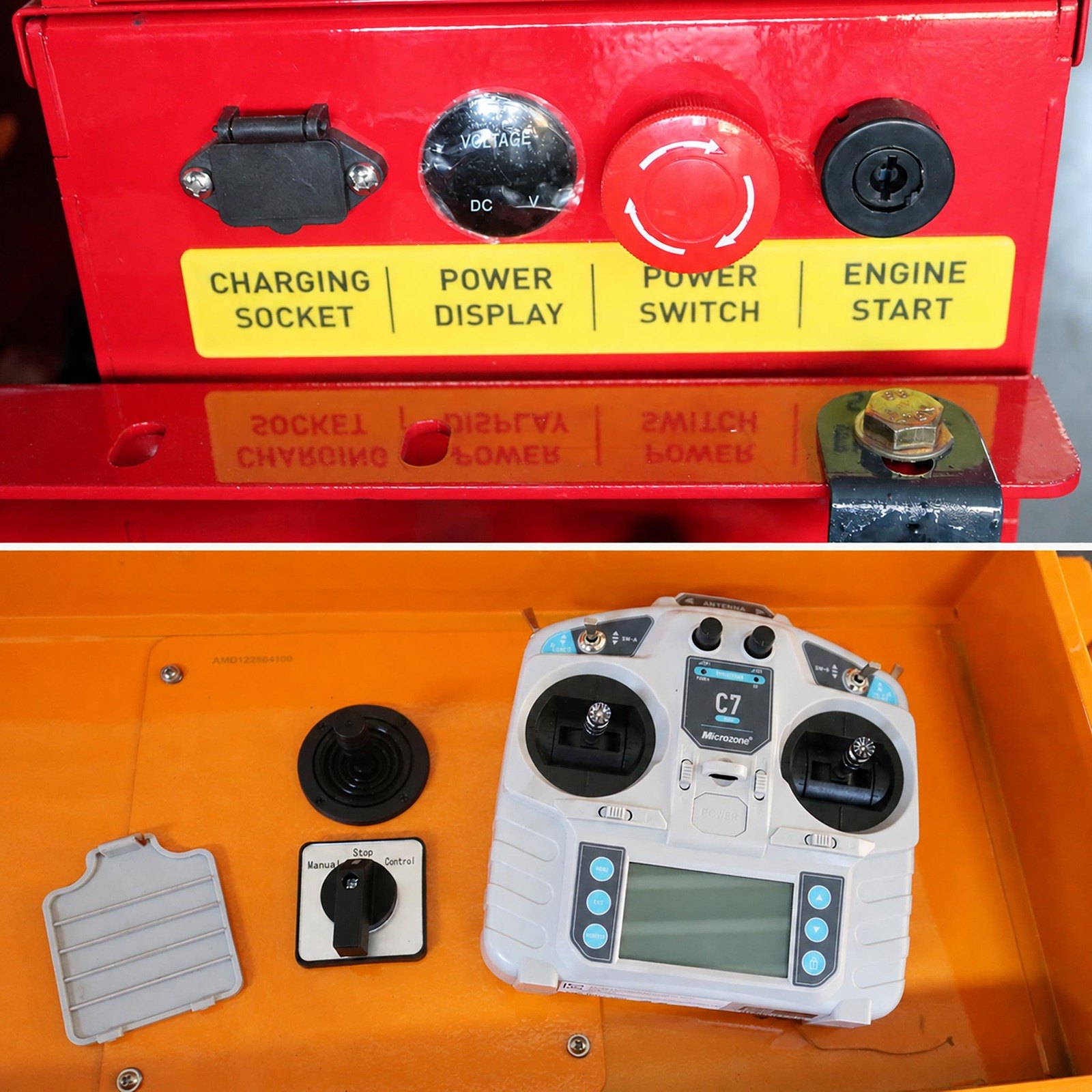 GST-800 diesel hybrid tracked flail mower control panel and remote control detail