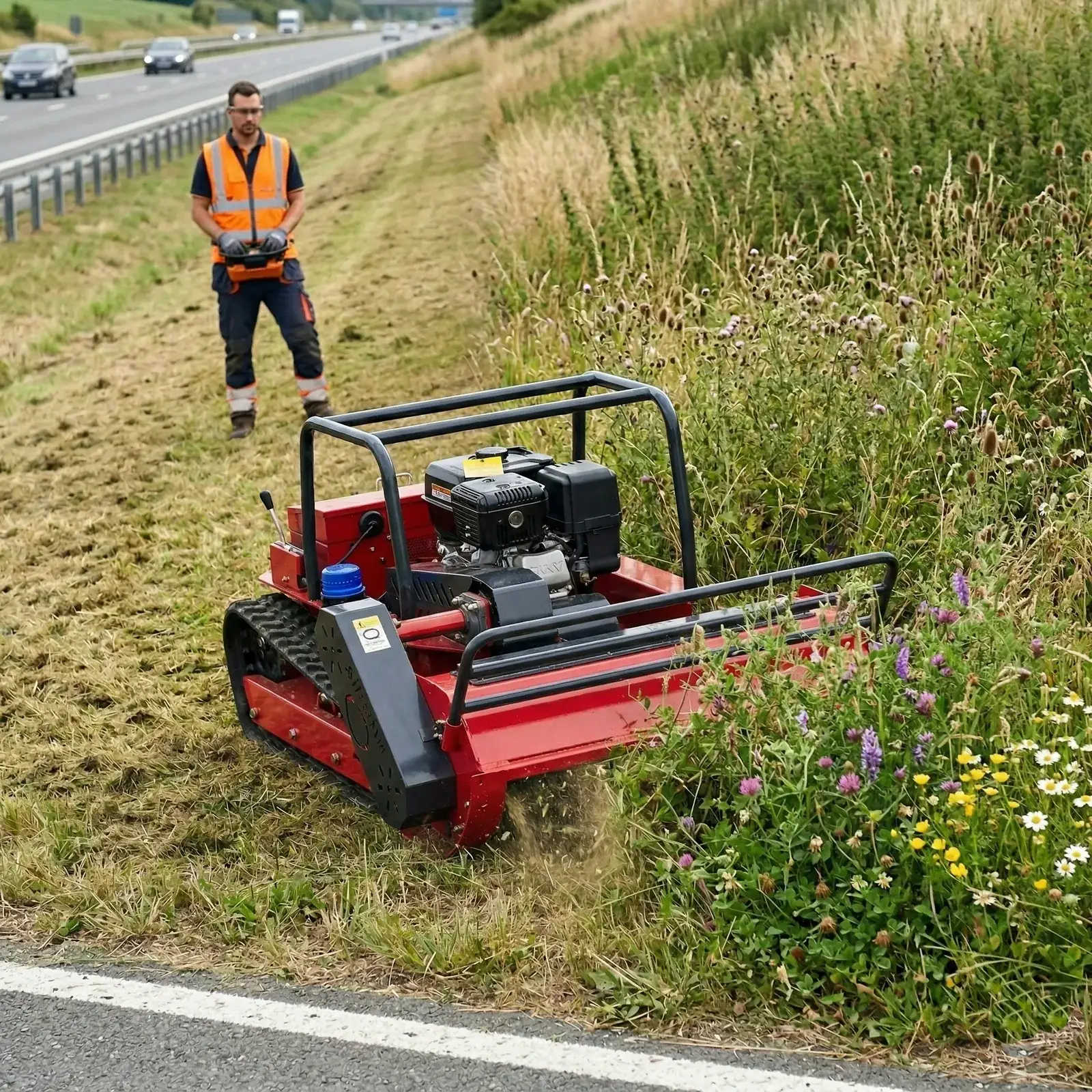 GREEN SHINE GST-1000 maintaining a roadside embankment with safe stand-off operation