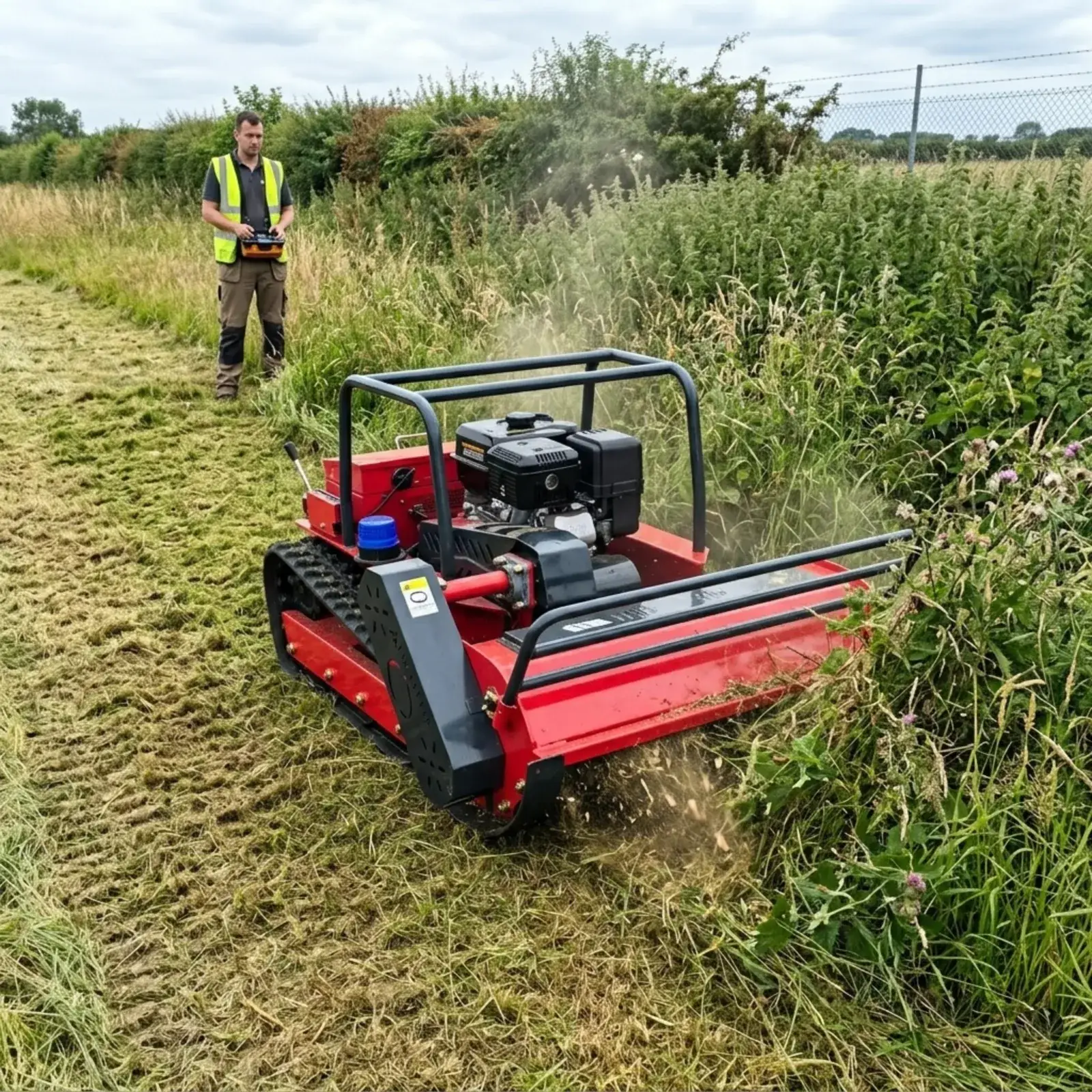 GREEN SHINE GST-1000 tracked flail mower clearing dense rough grass and overgrown land