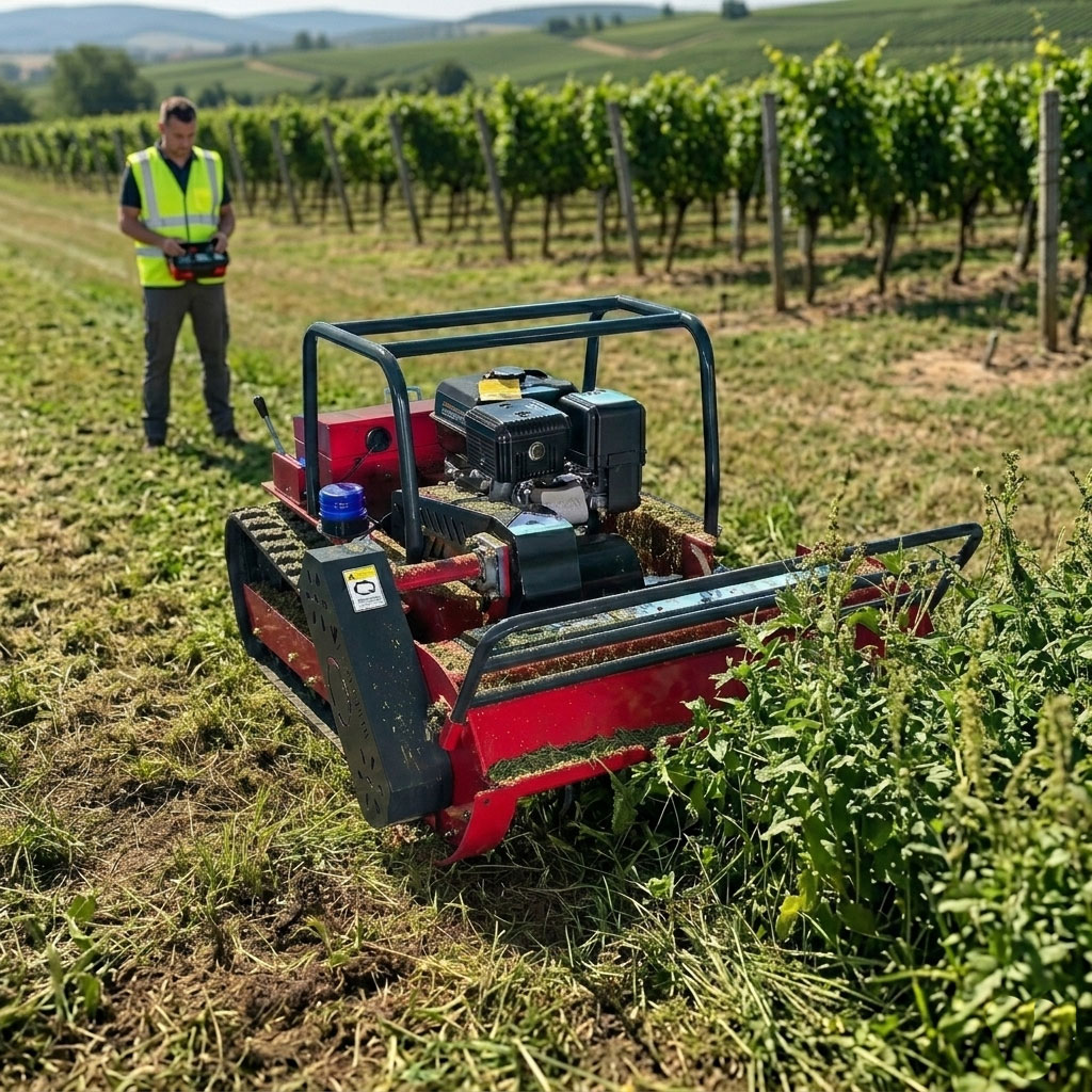 GREEN SHINE remote-controlled mower working through orchard-row vegetation